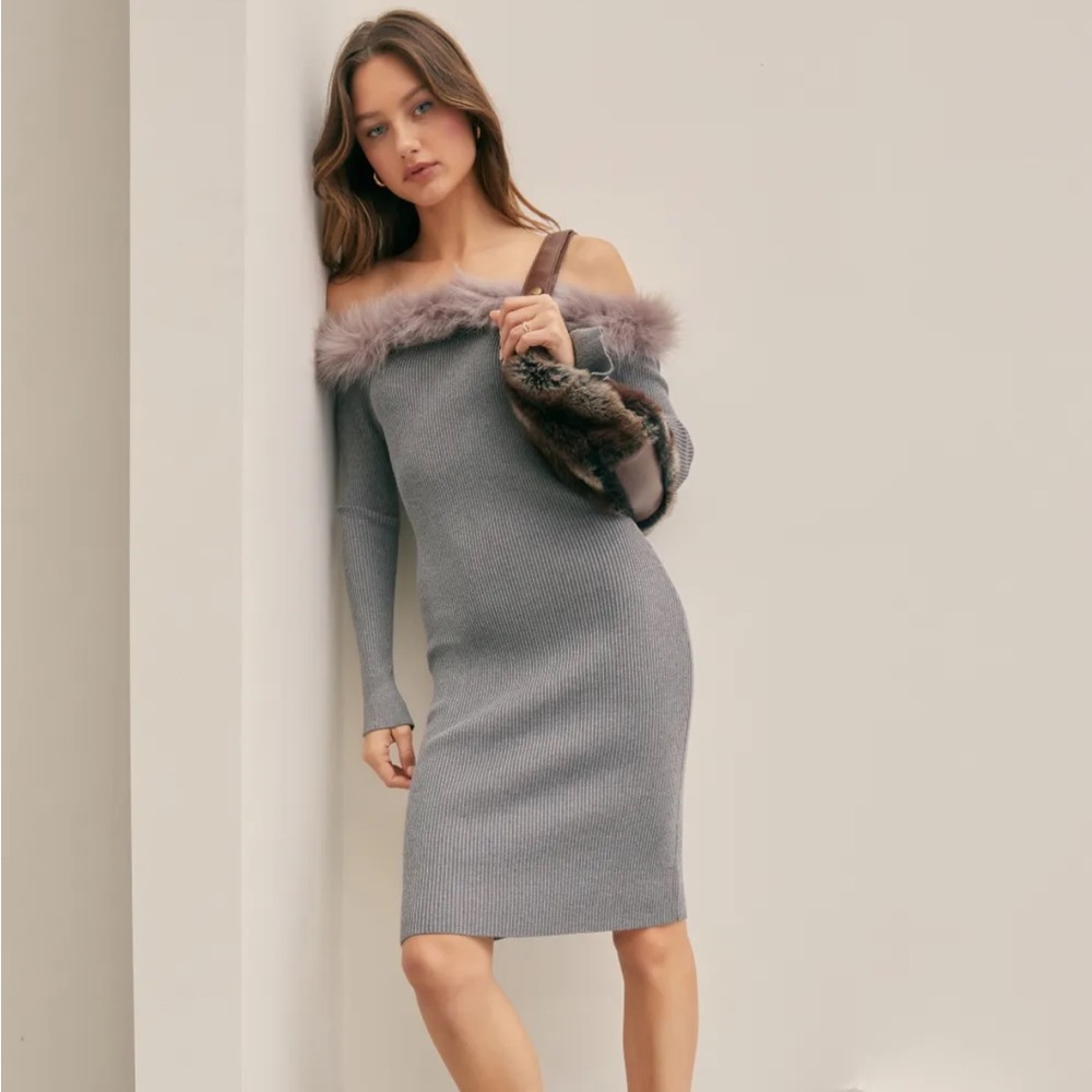 grey off the shoulder knit dress